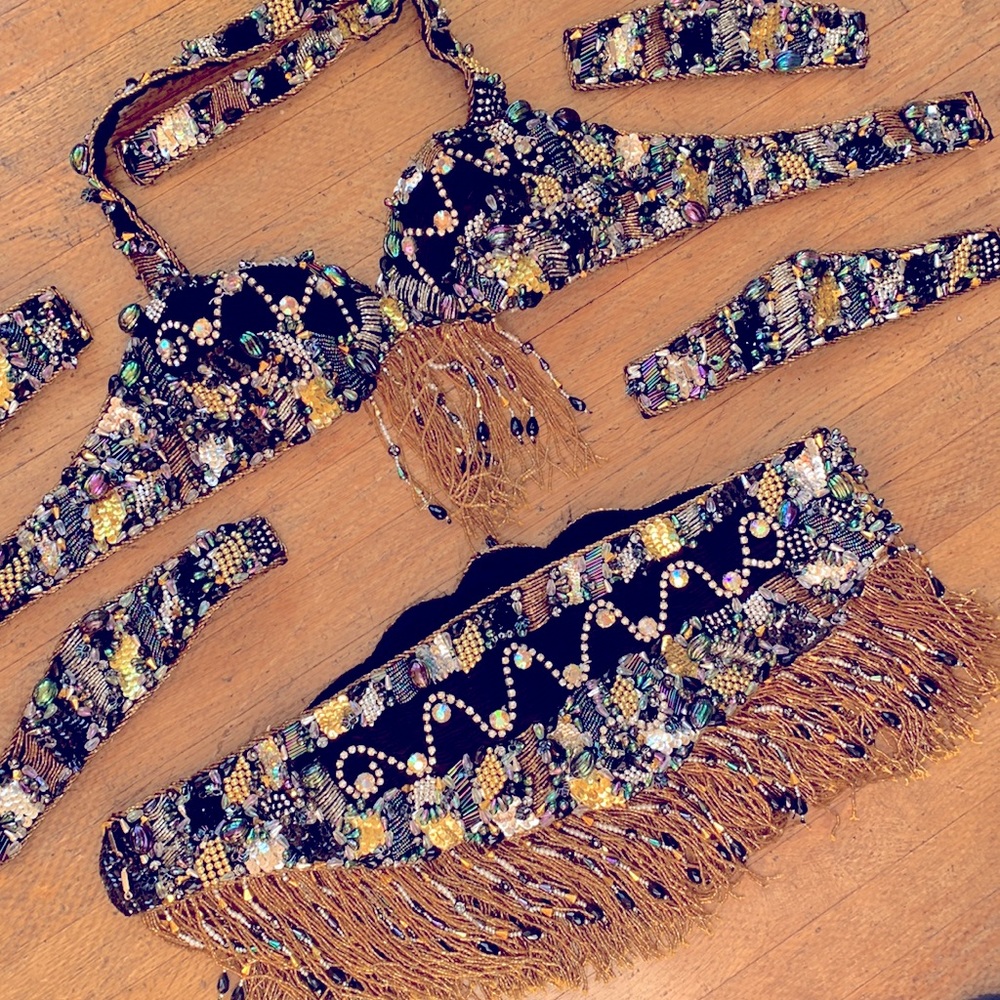 Black Beaded Two-Piece Set with Gold Fringe